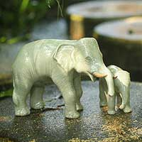 Celadon ceramic statuettes Elephant Dad with Junior pair Thailand