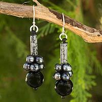 Cultured pearl and onyx dangle earrings,