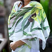 Hand painted silk shawl Green Orchid Indonesia