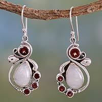 Garnet and rainbow moonstone dangle earrings,