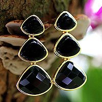 Gold plated onyx drop earrings,