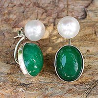 Jade and cultured pearl drop earrings,