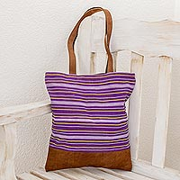 Leather accent cotton shoulder bag Tradition in Lilac Guatemala