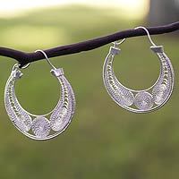Sterling silver filigree hoop earrings,