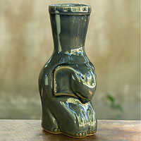 Celadon ceramic vase Sleepy Green Elephant Thailand