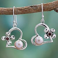 Cultured pearl and garnet heart earrings,