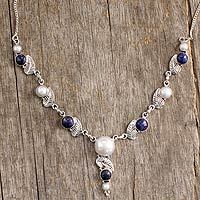 Cultured pearl and lapis lazuli Y-necklace,