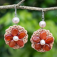 Carnelian and cultured pearl flower earrings,