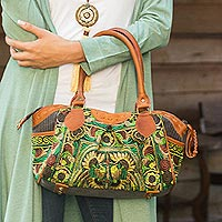 Leather accent baguette handbag Mandarin Green Thailand