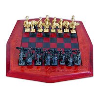 Leather and brass chess set,