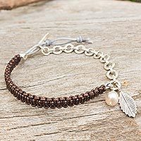 Cultured pearl and leather charm bracelet,