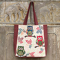 Cotton blend tote bag Playful Owls large Thailand