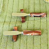 Agate spreader knives and rests Swirling Brown Deli pair Brazil