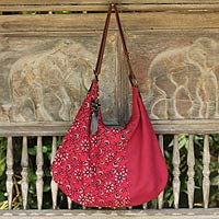 Cotton with leather accents hobo bag Blossoming Red Thailand