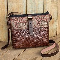 Natural fibers with leather accent shoulder bag Thai Elephant Parade on Brown Thailand