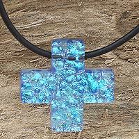 Dichroic art glass cross necklace,