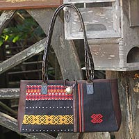 Leather accent cotton shoulder bag Naga Tribal Black Thailand