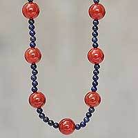 Carnelian and lapis lazuli beaded necklace,