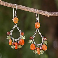Carnelian and peridot chandelier earrings,