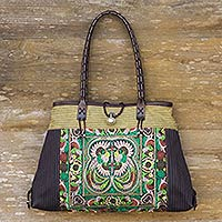 Leather accented cotton shoulder bag Phoenix in Green Thailand