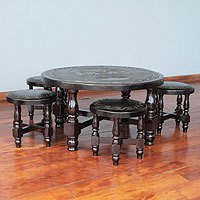 Cedar and leather table and stools (set of 4),