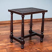 Mohena wood and leather end table Brown Colonial Foliage Peru