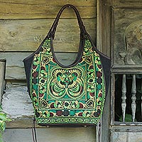 Leather accent embroidered shoulder bag Jade Pheasants Thailand