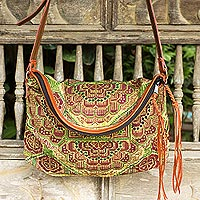 Leather accent cotton shoulder bag Green Hmong Blossom Thailand