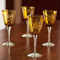 Etched wine glasses Amber Flowers set of 4 Mexico