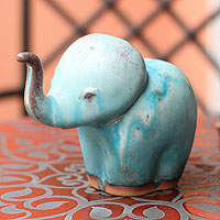 Celadon ceramic statuette Turquoise Elephant Child Thailand