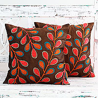 Embroidered cushion covers Festival of Foliage pair India