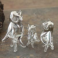 Blown glass silver leaf figurines Owls of Justice set of 3 Peru