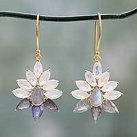 Gold vermeil rainbow moonstone and labradorite dangle earrings,