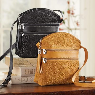 Suede shoulder bag, 'San Lorenzo' - Florentine Suede Embossed Floral Bag