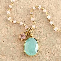 Gold plated chalcedony and rose quartz pendant necklace,