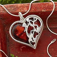 Dark cherry amber heart pendant necklace,