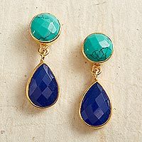 Gold plated lapis lazuli dangle earrings,