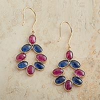 Gold ruby and sapphire dangle earrings,