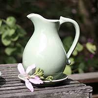 Celadon ceramic pitcher and plate,