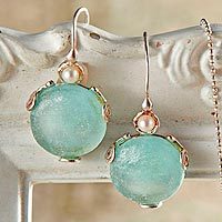 Roman glass and cultured pearl earrings,