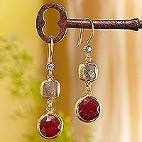 Gold plated labradorite and quartz dangle earrings,