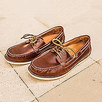 Men's leather boat shoes, 'Deck Days' - Men's Brown Oiled Leather Boat Shoe