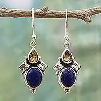 Citrine and lapis lazuli dangle earrings,