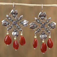 Carnelian and amber dangle earrings,