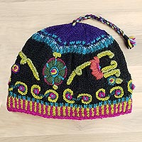 Wool hat, 'Black Kathmandu' - Women's Hand Embroidered Wool Hat