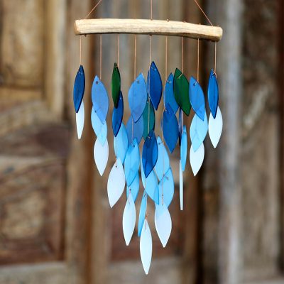 Glass and driftwood wind chime, 'Waterfall' - Waterfall Blue Ombre Glass Wind Chime