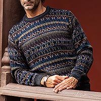 Men's 100% alpaca sweater, 'Tempest' - Men's Patterned Earth Tones 100% Alpaca Pullover Sweater