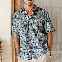 Men's short-sleeved shirt, 'Elemental' - Men's Printed Cotton Lawn Shirt