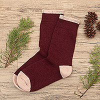 Cashmere-blend crew socks, 'Cozy Toes in Burgundy' - Irish Cashmere-Blend Crew Socks
