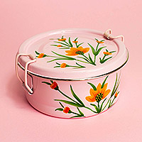 Stainless steel lunch box, 'Floral Pink Tiffin' - Pink Floral Stainless Steel Lunch Box Tiffin